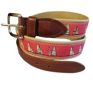 Belted Cow Rounding the Mark Sailboats Pink Men's Belt, Size 38 Leather Nautical